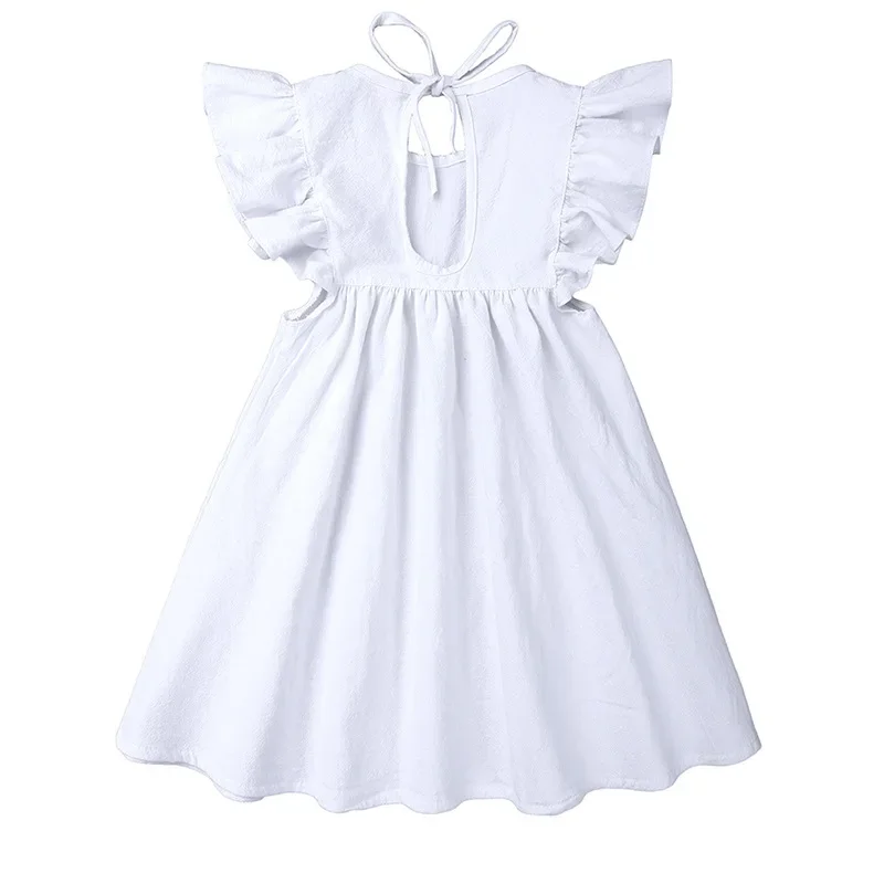 Vestido de lino y algodón con cuello redondo y cordones para niñas pequeñas, ropa informal de princesa, manga voladora sólida, novedad de verano