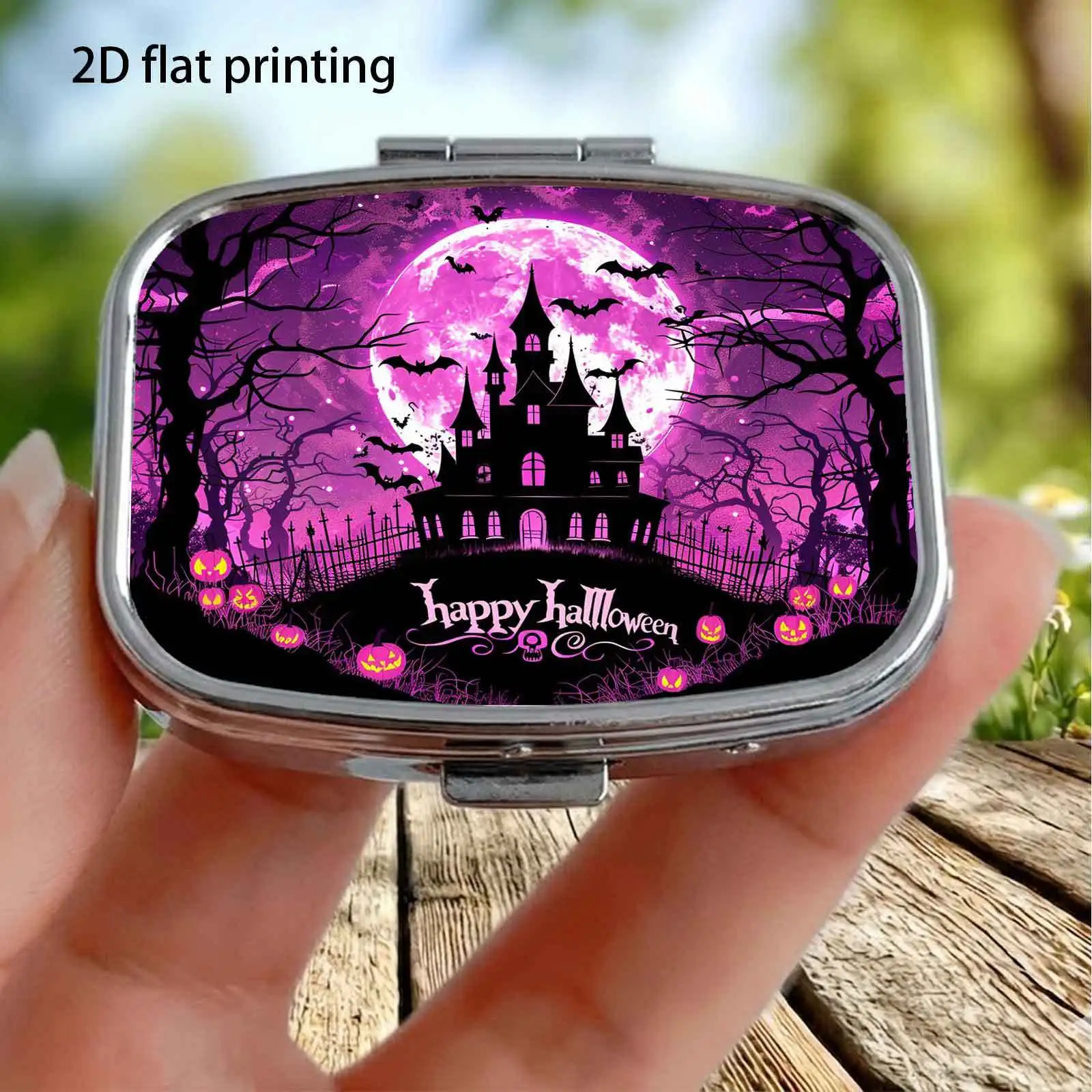 Pink and Purple Full Moon, Dark Castle, Dead Trees, Pumpkins, Bats, Halloween Dark Cartoon Illustration Pattern, Square Two-Compartment Small Pill Box, Portable Medicine Storage, Small Jewelry Storage, Suitable for Handbags or Travel, Holiday Gifts, Souvenirs, Prizes, Small Gifts, Suitable for Personal Use or as an Exquisite Gift