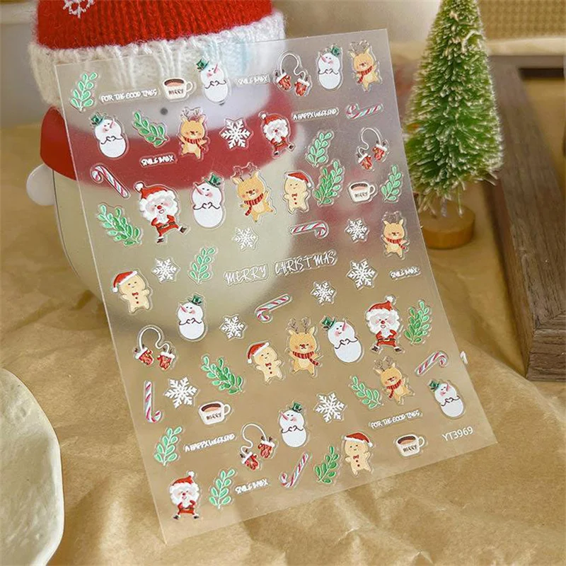 5D Embossed Snowflake Santa Elk Nail Art Stickers Cute Christmas Cartoon Nail Decals Gifts Manicure Decoration Accessories