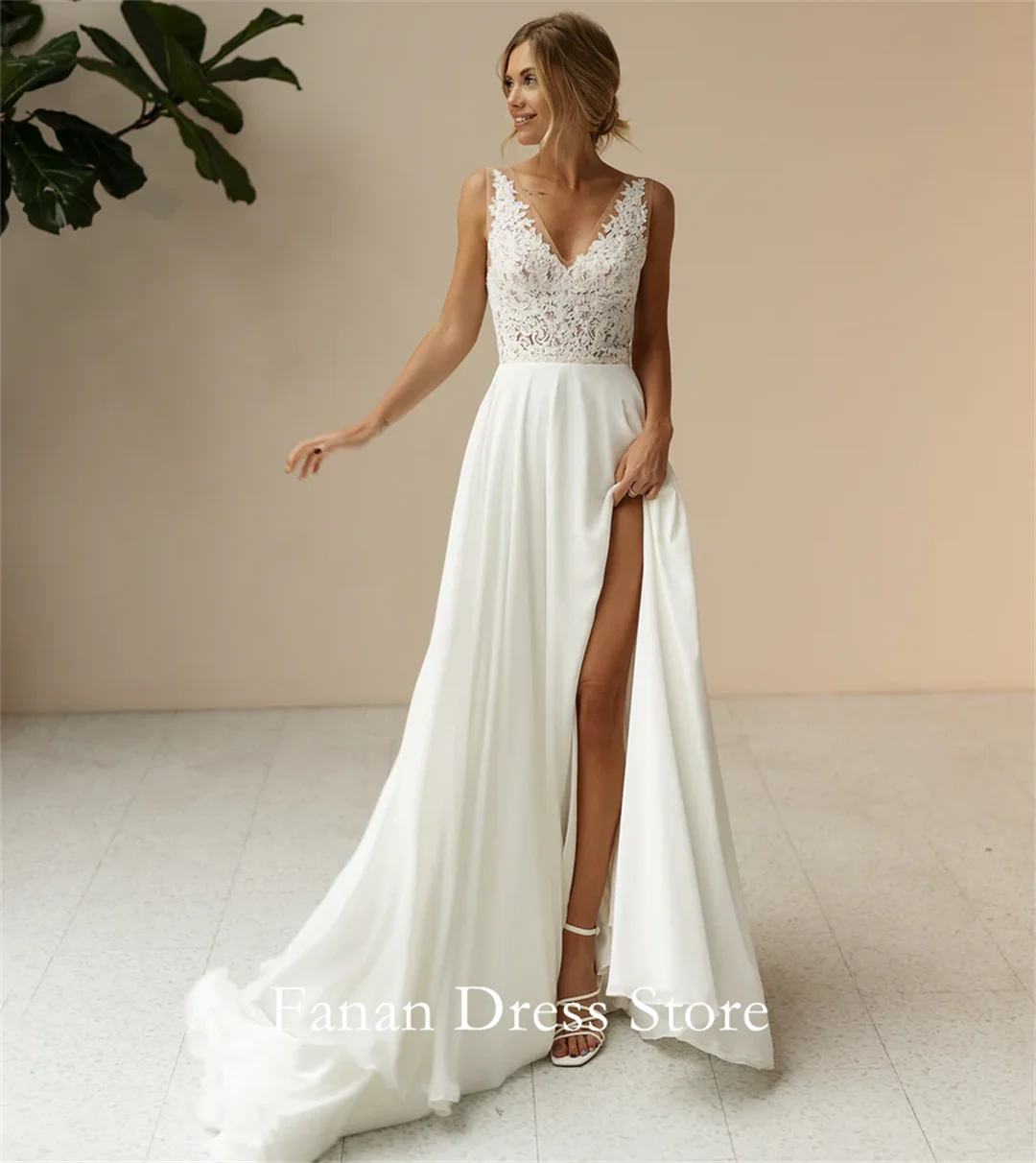 

Fanan Elegant and Charming A Line Beach Wedding Dress Customized Chiffon Lace Slit Ivory Bridal Party Gown Vestidos De Novia