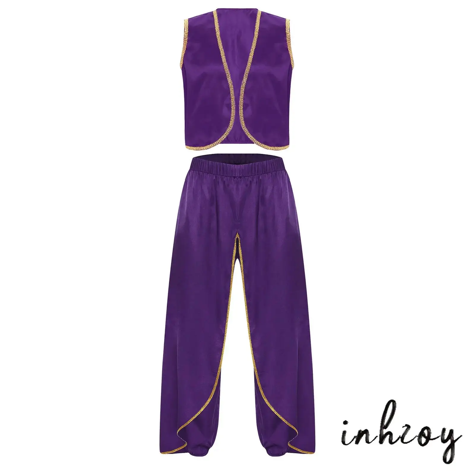 

Mens Opulent Arabian Prince Costume with Gold Trim Vest And Satiny Baggy Pants Complete Dhoti Trousers for Halloween Party