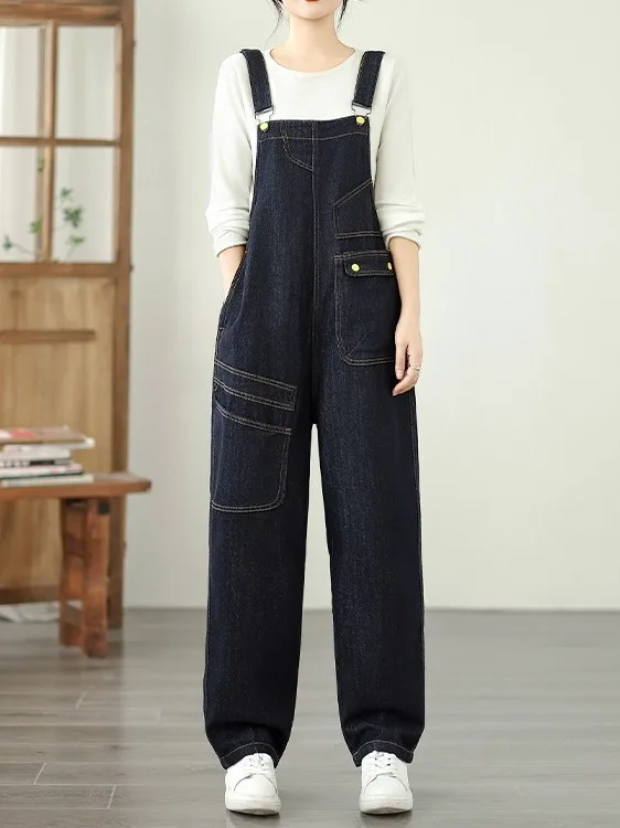 

Autumn Winter plus Size Women's Casual Harlan Jeans Decorative ket Loose Slimming Overalls Big Size Casual Cotton Polyester