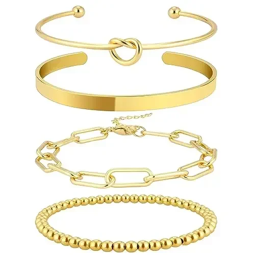 

Gold Bracelets for Women Stack 14K Gold Plated Bangle Cuff Bracelet Set Non Tarnish Beaded Paperclip Link Chain Bracelet Jewelry