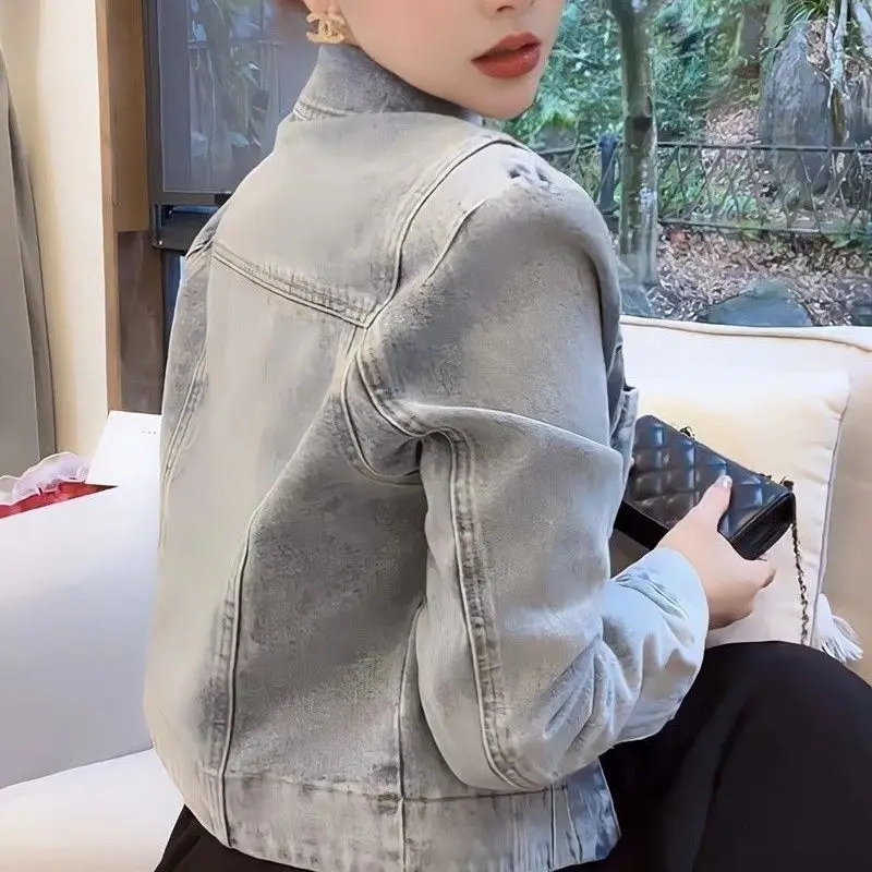 Vintage Embroidery Spring Autumn Denim Jacket Women Clothes Trend Coats Short Tops Long Sleeves Outerwear Streetwear Blue Cowboy