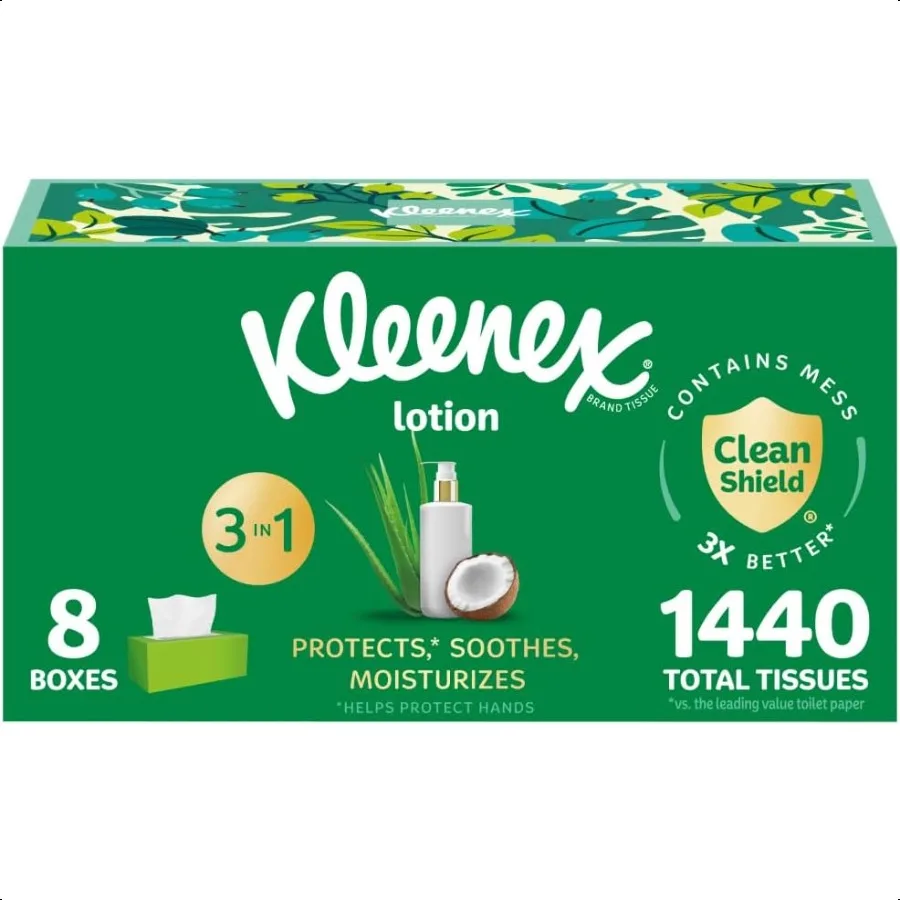 

Kleenex Lotion Facial Tissues with Coconut Oil 8 Flat Boxes 180 Tissues Per Box 3Ply
