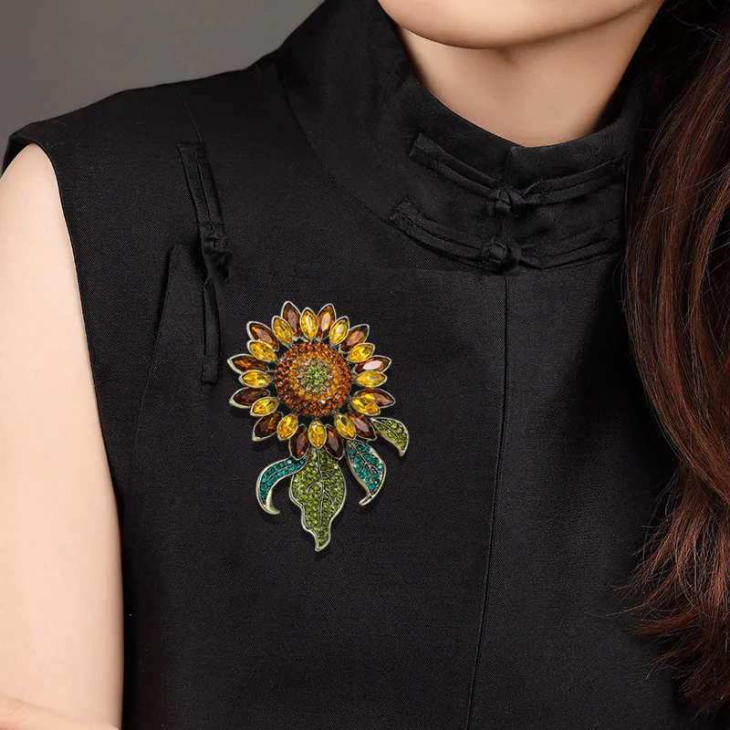 Vintage Exquisite Multicolor Zircon Sunflower Brooches For Women Fashion Crystal Pin Jewelry Party Office Suit Decor Unisex Gift view 5