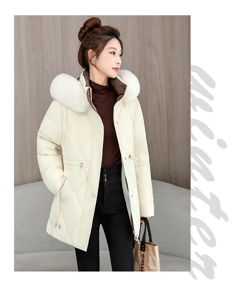 Simple Solid Color Large Fur Collar Hooded Removable Long-sleeved Down Cotton Jacket Women's 2025 Winter Thickened Warm Jacket
