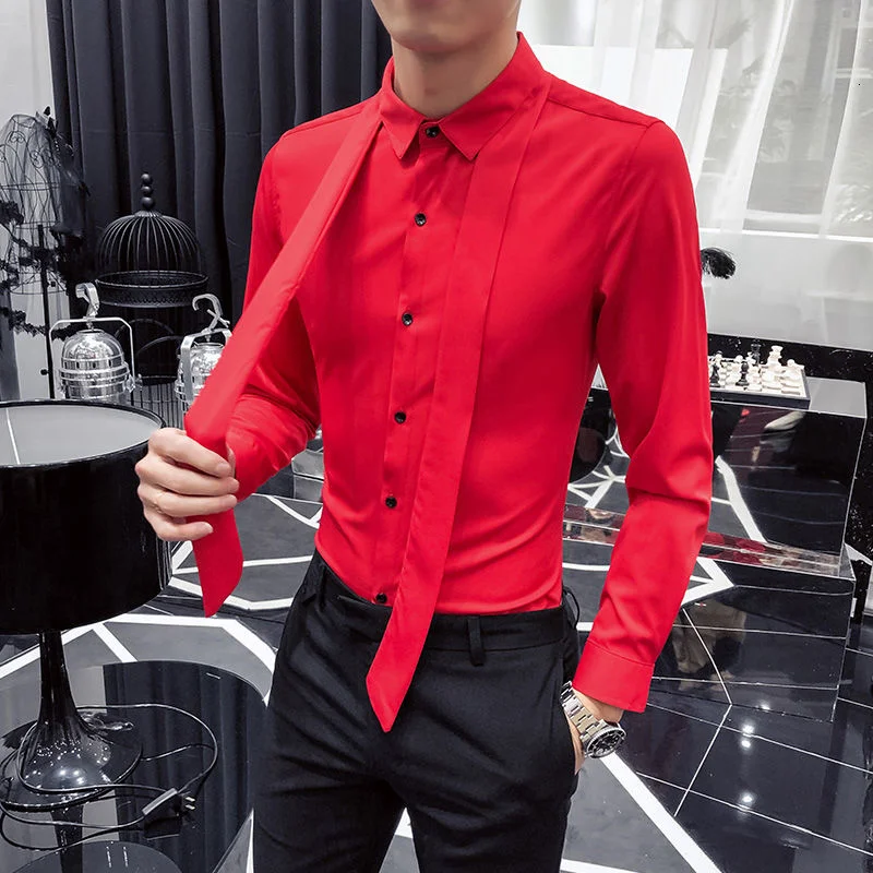 Royal Blue Dress Shirt For Men 2021 Autumn Korean Slim Shirt Men Wedding Shirts Vestido Social Streetwear Shirt Red White Men