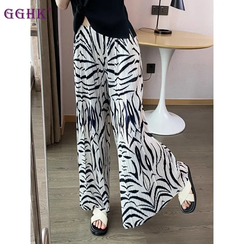 GGHK Pleated Women Casual Pants 2024 Fall New High Waist Zebra Stripe Design Loose Large Size Fashion Female Pants