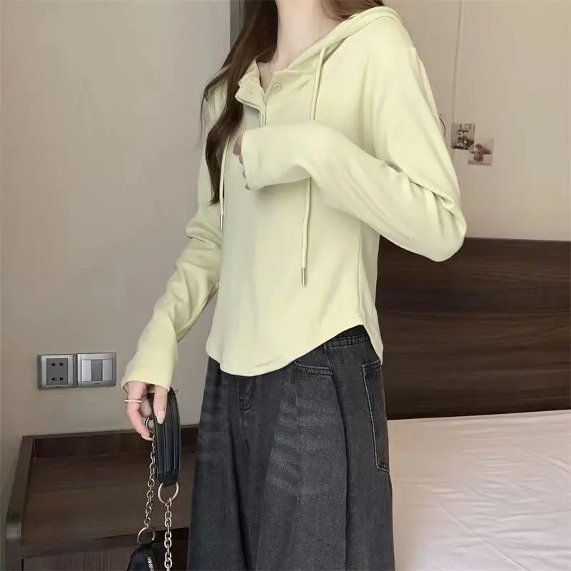 2023 moda donna autunno e inverno Casual con cappuccio solido bottone con coulisse manica lunga abbigliamento femminile eleganti top solidi