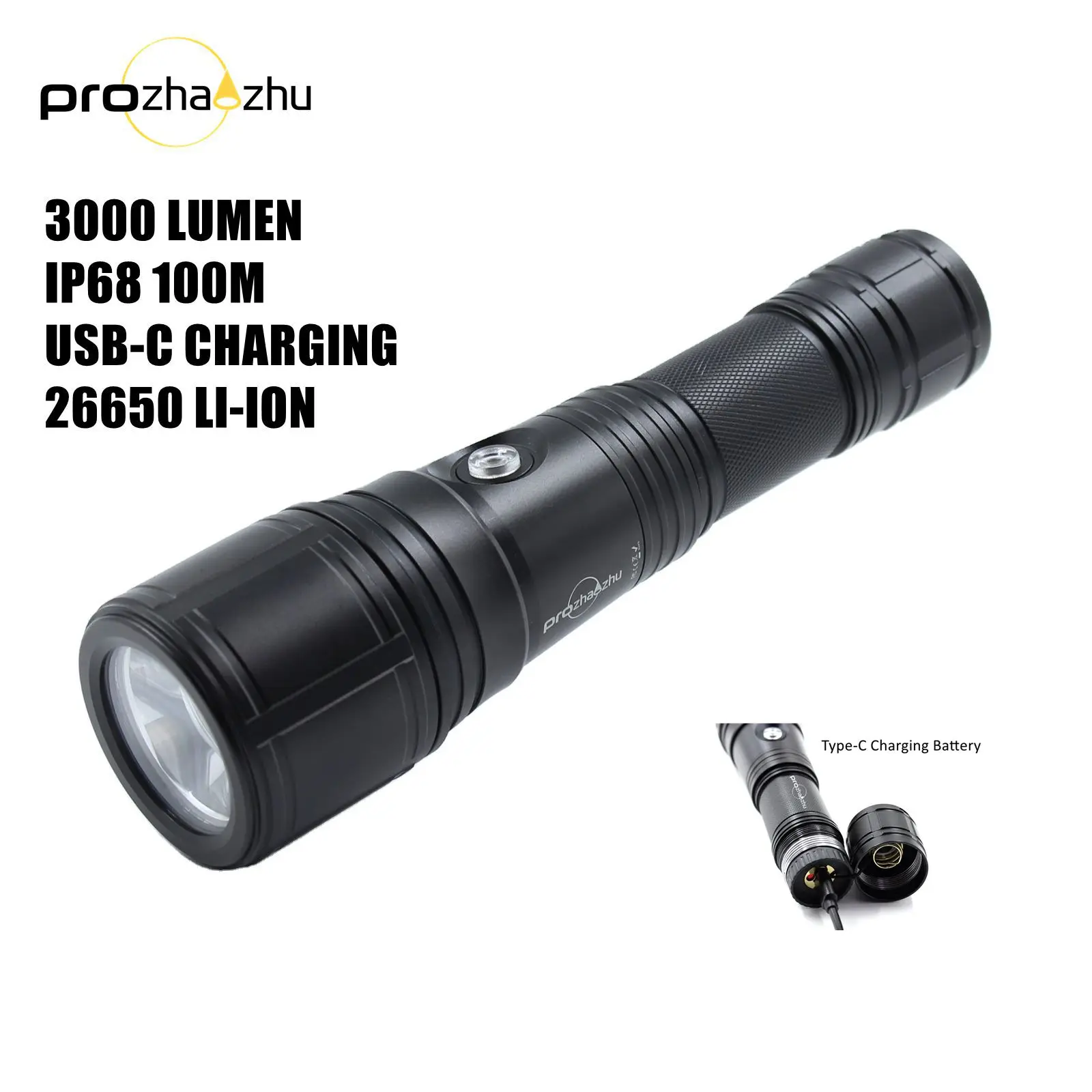 3000 Lumen IP68 100M Zoom Focus 26650 Rechargeable H-M-SOS Multifunction Aluminum Alloy Diving Flashlight