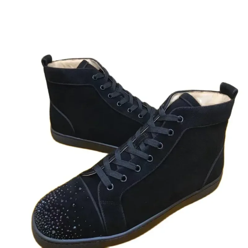 Luxury High Top For Men Trainers Driving Spiked Black Suede Genuine Leather Wedding Rivets Crystal Toecap Flats Sneakers Shoes