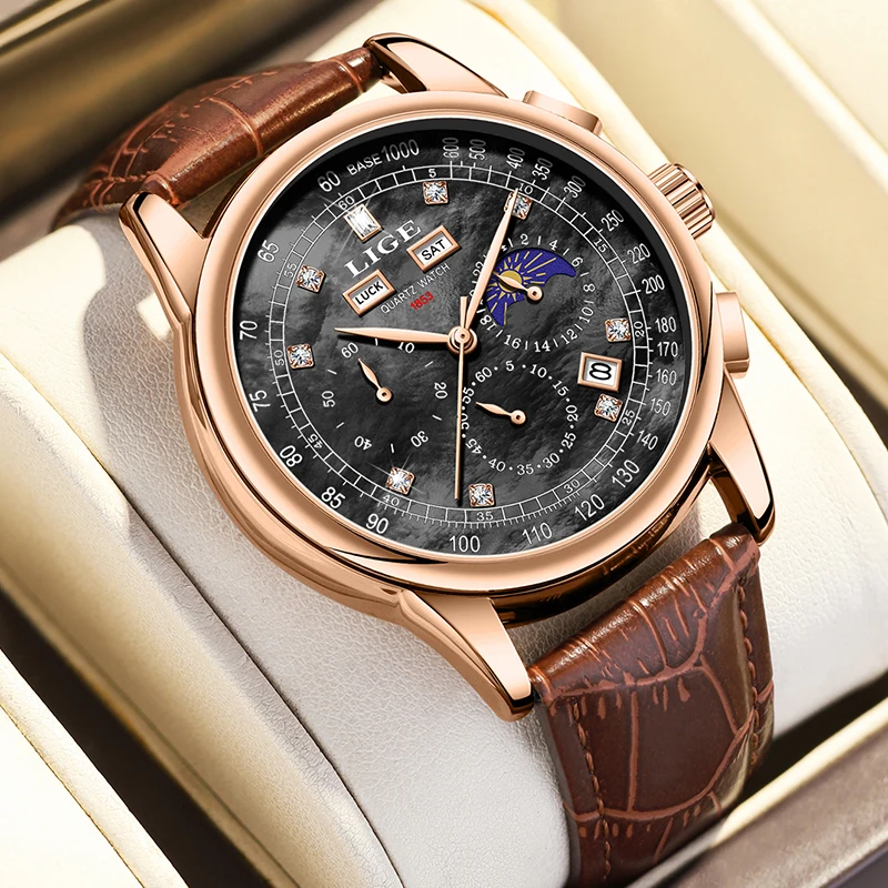 

LIGE Fashion Brown Leather Watch For Men Top Brand Luxury Moon Phase Men's Quartz Wristwatch Casual Sport Waterproof Chronograph