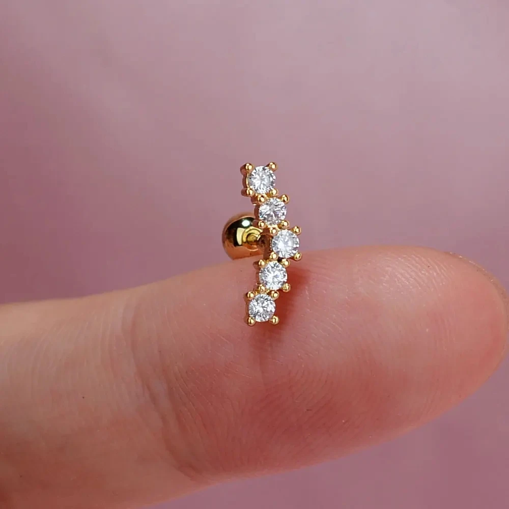 Curved CZ Cartilage Stud Moon Leaf Earring, Stainless Steel