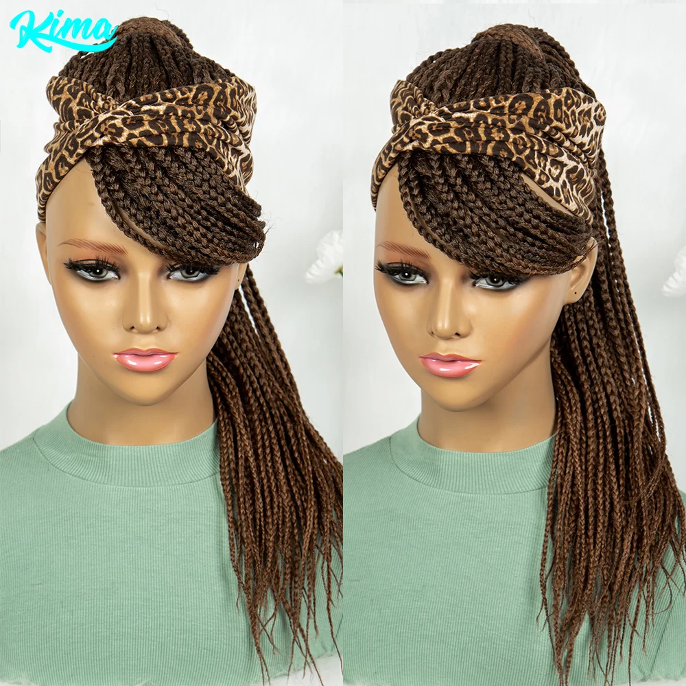 Kima-peluca trenzada con diadema sintética para mujer, cabellera con trenzas de punto de 24 pulgadas, con cola de caballo, turbante con estampado de leopardo, elegante