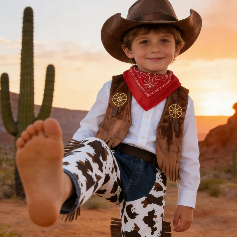 4PCS Cowboy Dress Up Outfits Baby Boys Easter Cosplay Clothes Vest+Scarf+Long Pants+Hats Carnival Party Costume Boy Holiday Gift image 3