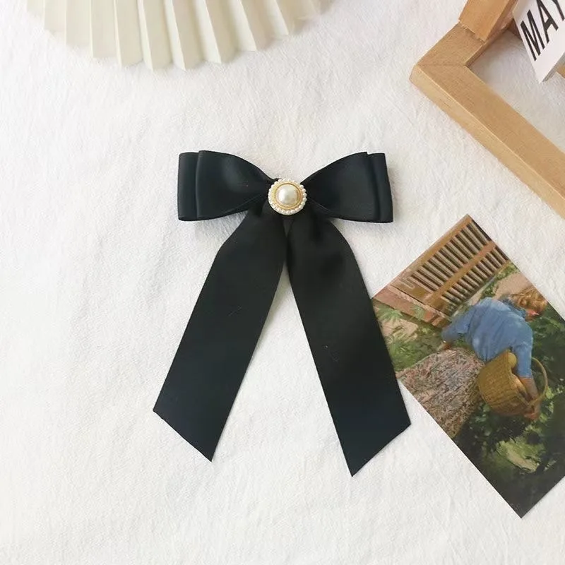 Black Satin Ribbon Bow Brooch Pearl Floating Tie Tie Flower College Style Pin Small Clothing Decoration Accessories