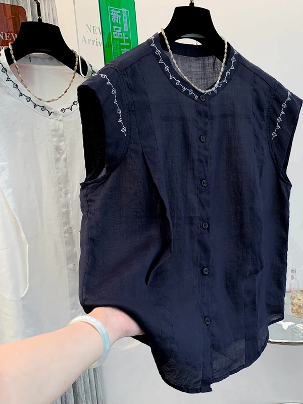 

Летний топ из хлопка и льна с вышивкой, воротником-стойкой и плиссировкой, для женщин больших размеров, в этническом стиле