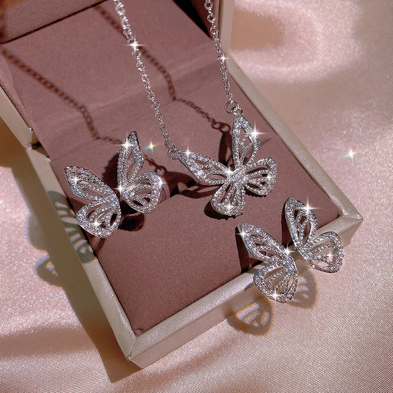 925 Sterling Silver Elegant Fairy Butterfly White Zircon Set Ring Stud Necklace Ladies Party Engagement Jewelry Bridal Gift