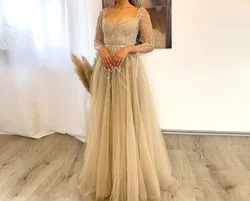 Elegant Champagne Women's Evening Dresses Luxury V Neck Long Sleeve Beaded Sequins Plus Size Formal Wedding Prom Party Dresses