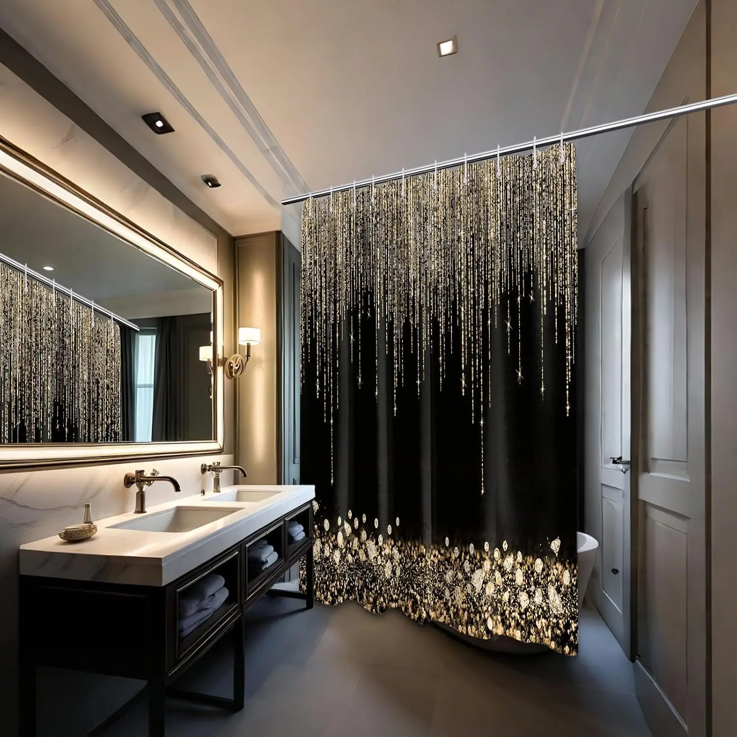 Luxurious Gold Glitter Shower Curtain Black Waterproof Bathroom Decor Home Accent Polyester Linens for Modern Spa view 3