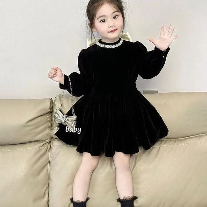 

Korean Version Childrens Clothing Autumn Winter New Black Premium Velvet Dress for Girls With Lace Collar and Bow Princess Dress