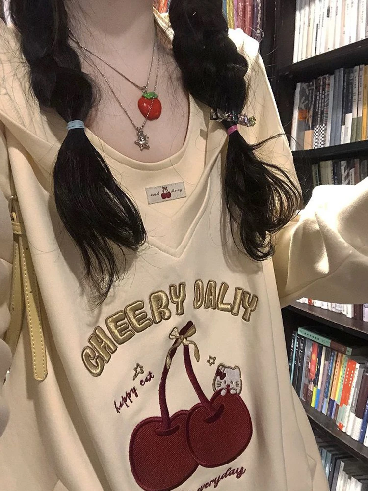 Oversized Sweatshirt Women Autumn Long Sleeve Halter Pullover Two Piece Set Female Kawaii Cherry Letter Embroidery Loose Hoodies