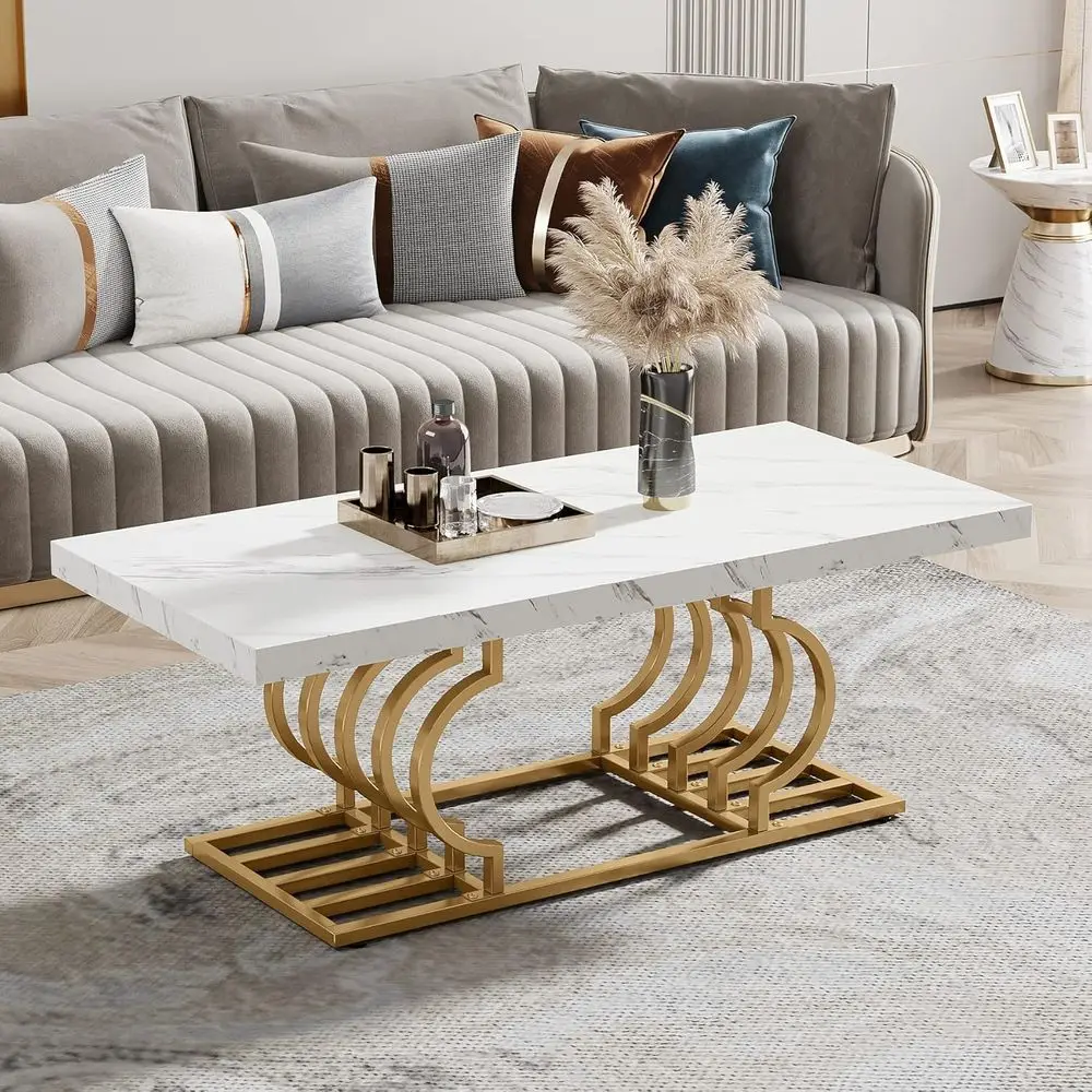 

47 Marble-Top Geometric Cocktail Table, White/Gold, for Living Room & Tea Area, Easy Assembly
