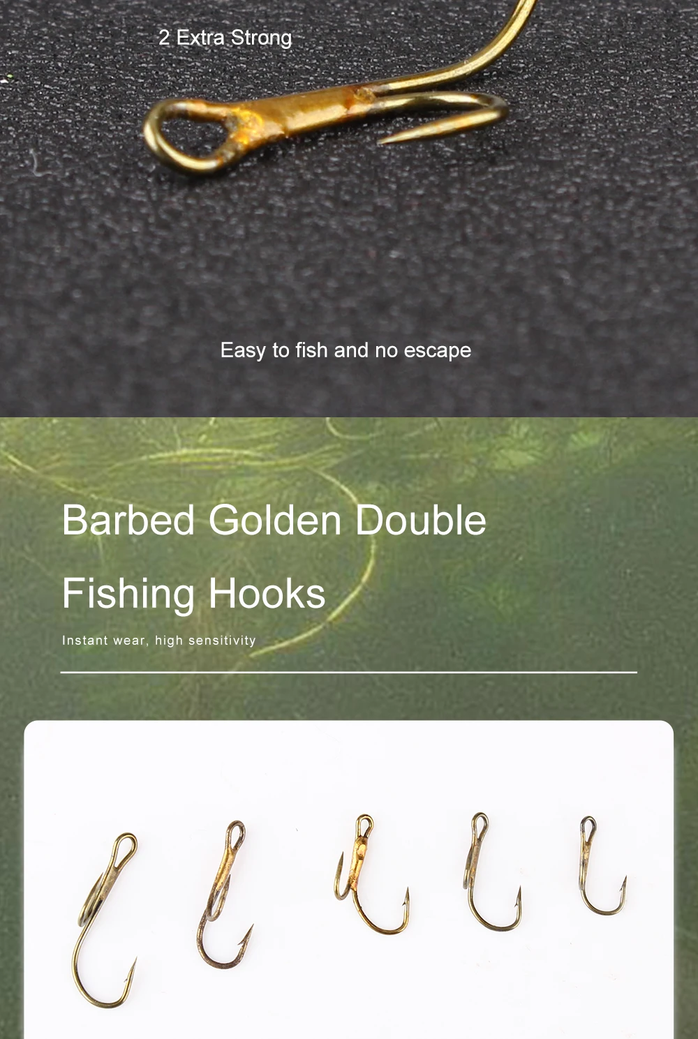 FTK 20 Stück/Packung mit Widerhaken, goldene Doppel-Angelhaken 1 # -8 # Ryder Pike Dead Bait Predator Lachsforelle Barsch Ringed Zander Twin Hook – Detail 8