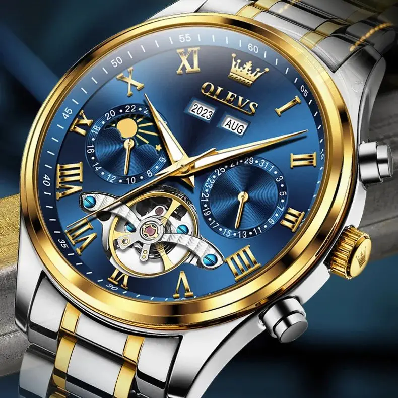 

OLEVS Automatic Watch for Men Skeleton Tourbillon Design Multifunctional Moon Phase Date Waterproof Stainless steel Men's Watch