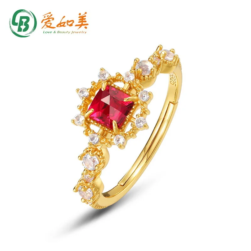 

Japanese Luxury Jewelry Geometric Red Corundum Ring 18K Gold PT950 Platinum Silver Plated 7-layer Gold Ring Vintage