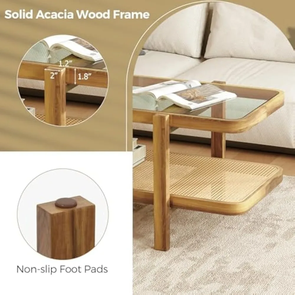 Rattan Coffee Table, 47.5" Rectangle Solid Wood Tea Table w/Tempered Glass Tabletop & Rattan Storage Shelf, 2-Tier Boho