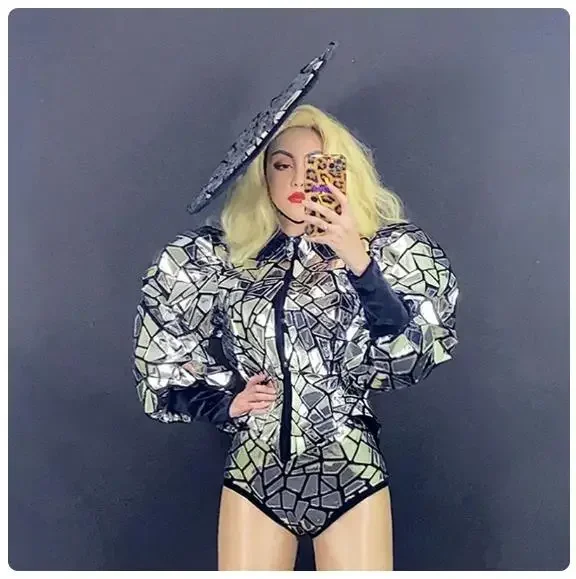 

Chapéu grande headwear palco dança traje feminino puff manga lantejoulas jaqueta shorts festival roupas gogo wear espelho traje