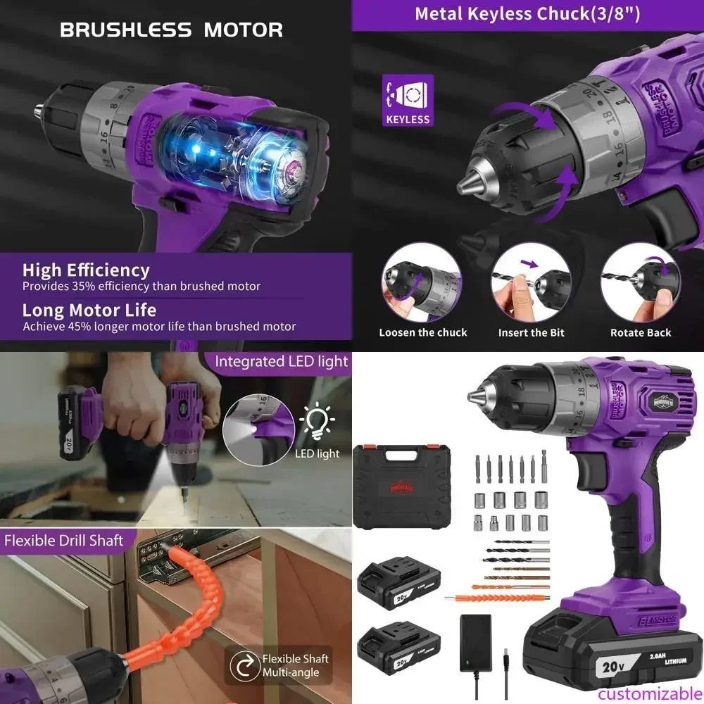 

Bestseller20V Cordless Drill Set with Compact Power Driver, Purple Electric Motor, Over 20 Torque Settings, 48 N.m Torque, Dual