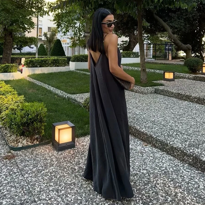 TRAF 2024 Black Slip Maxi Dress Women Draped Sundress Sexy Backless Long Dresses for Women Holiday Beach Dress Woman Vestidos