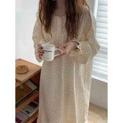 Polka Dot Nightgown Lace Sleepwear Women Korean Night Dress Autumn One Piece Pajamas Ruffles Long Sleeve O-neck Home Wear 2024