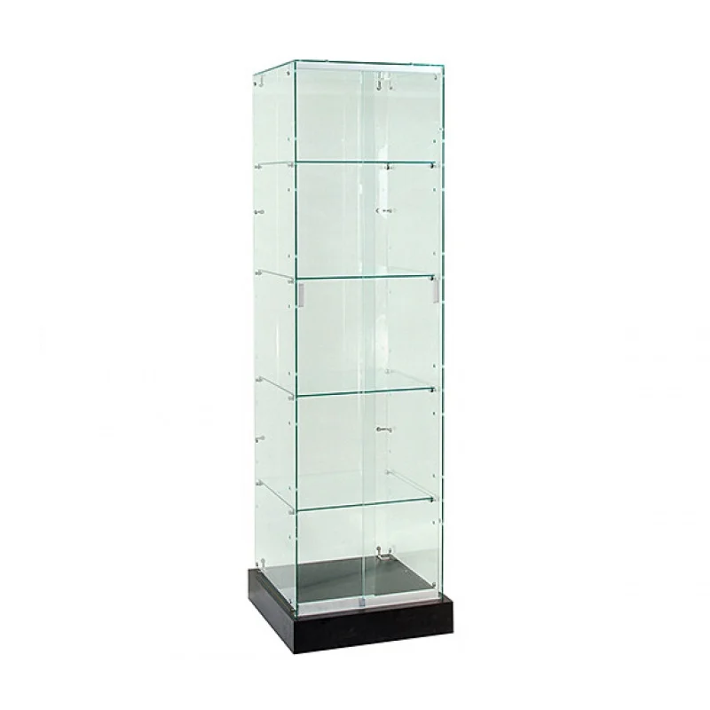 

Custom, disassembled glass display tower Frameless full showcase tower with black base