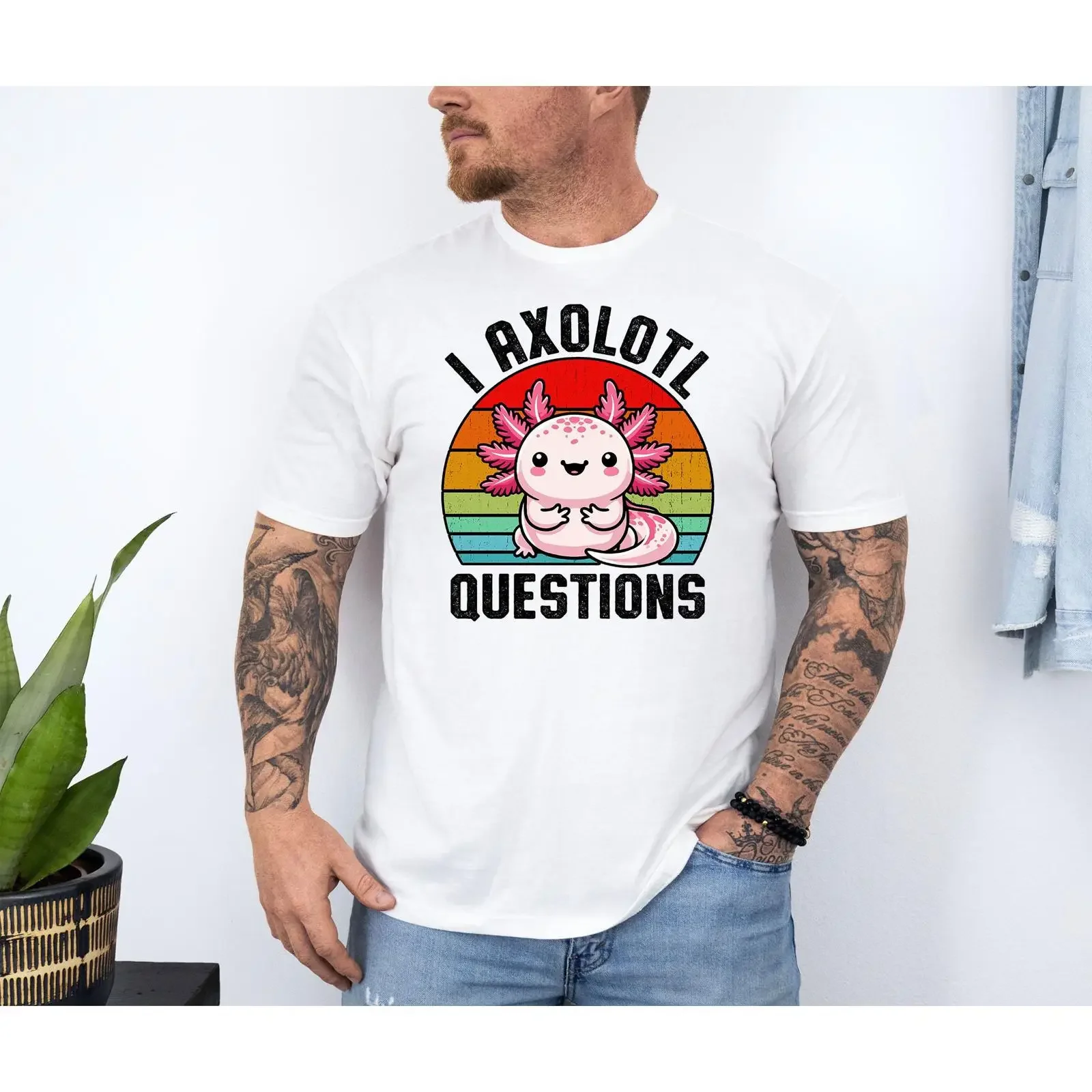 I Axolotl Fragen T-Shirt 4653PC Vintage gewaschenes Oberteil für den Alltag, modisch, bequem, Herrenbekleidung, Grafikdesigner-Kleidung