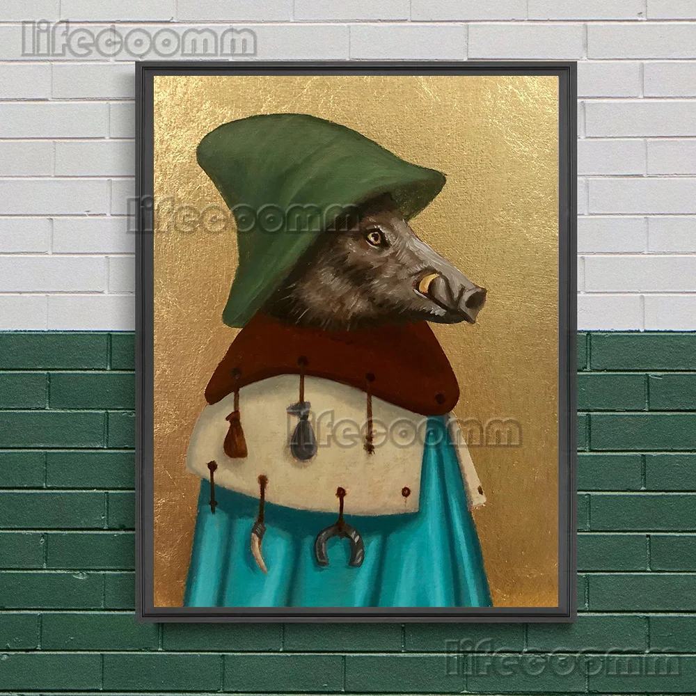 الخنزير، الأسماك، السحلية، السنجاب، البومة خمر الرسم على لوحات القماش الجدارية سريالية الخيال الحيوان صورة مجردة ملصق فني طباعة ديكور #3