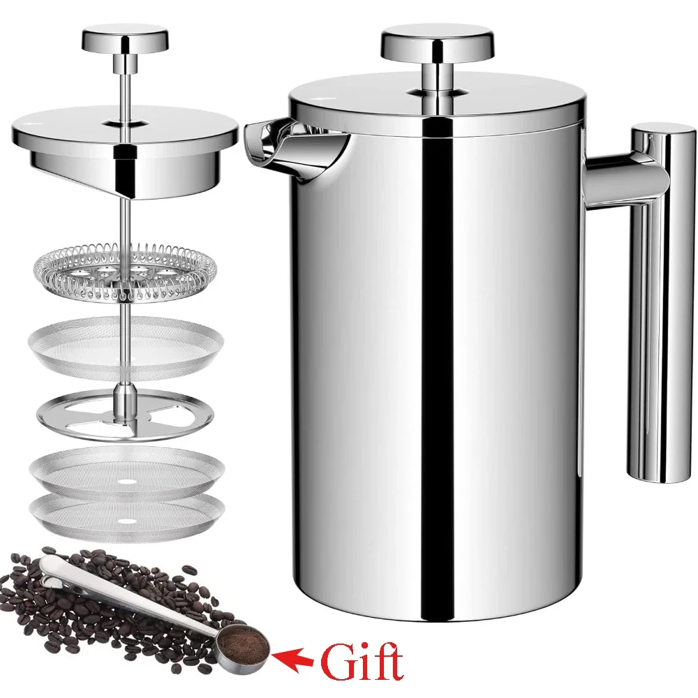 Stainless Steel French Press Coffee Maker Double-Wall Insulated French Press Coffee Pot with Coffee Scoop Home Cafe Office Use