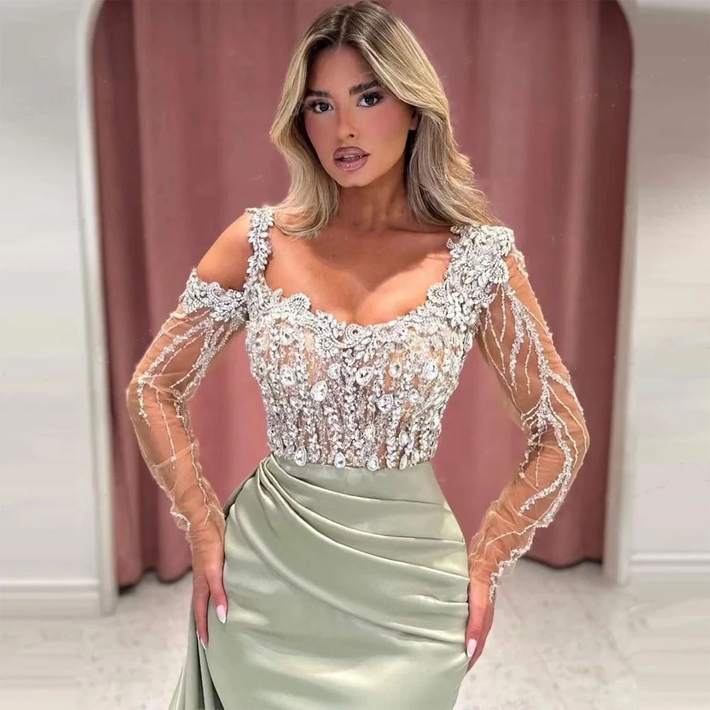 Customized Formal Fashion High quality Beading Pattern Applique Pleat Ruched A-line Scoop Neck Long Dresses Prom Dresses Retro image 2