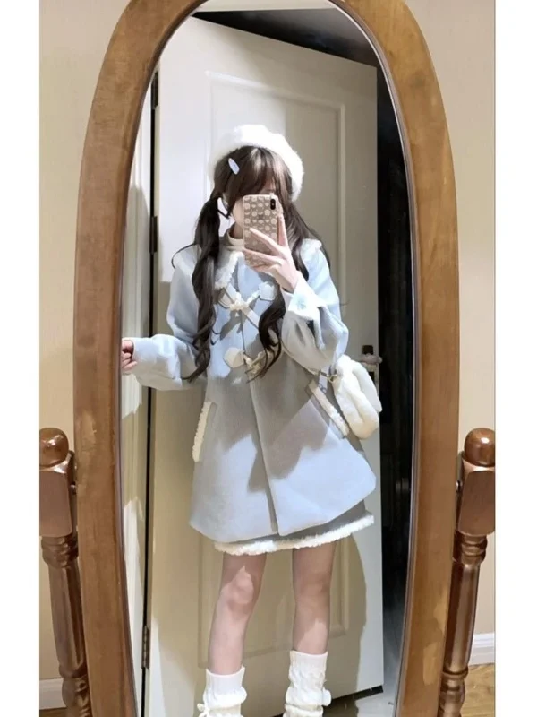 Thiened шерстяное пальто и комплект для женщин, зимний теплый сладкий размер, корейский модный комплект на пуговицах, свободная посадка