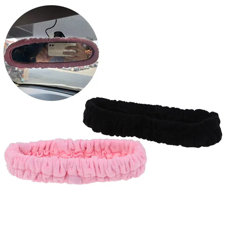 Car Rearview Mirror Cover Cute Black Pink Flannel Auto Rear View Mirror Decoration Automotive Parts Interior Accessories