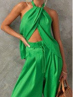 2025 European and American style cross-border independent station solid color sexy round neck wrap breast top mid waist tied pan
