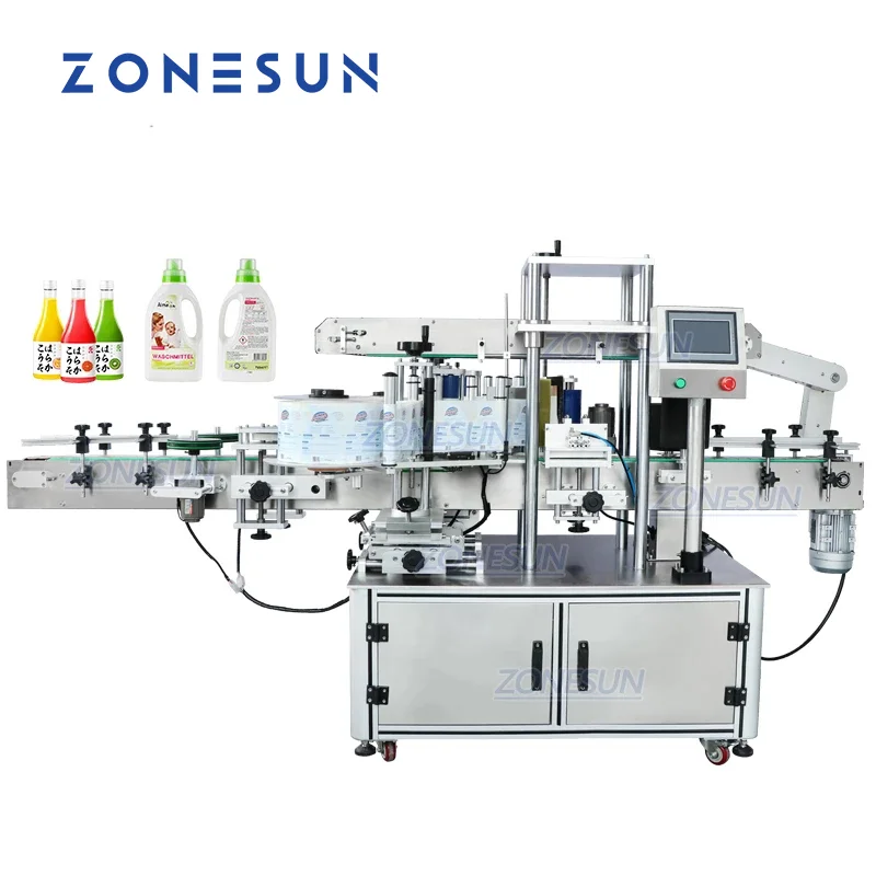 ZONESUN Dual Use Label Applicator Automatic Square Machine Oil Round Drink Bottle  Double Sides Labeling Machine