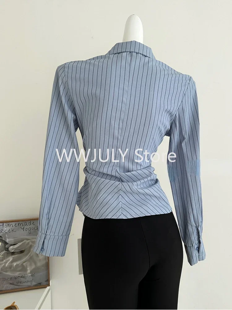 Vrouwen Stijlvolle Koreaanse Vintage Gestreepte Shirts Lange Mouw Blouses Ontwerp Oud Geld Jaren 2000 Esthetische Kantoor Dame Blusas Onregelmatig