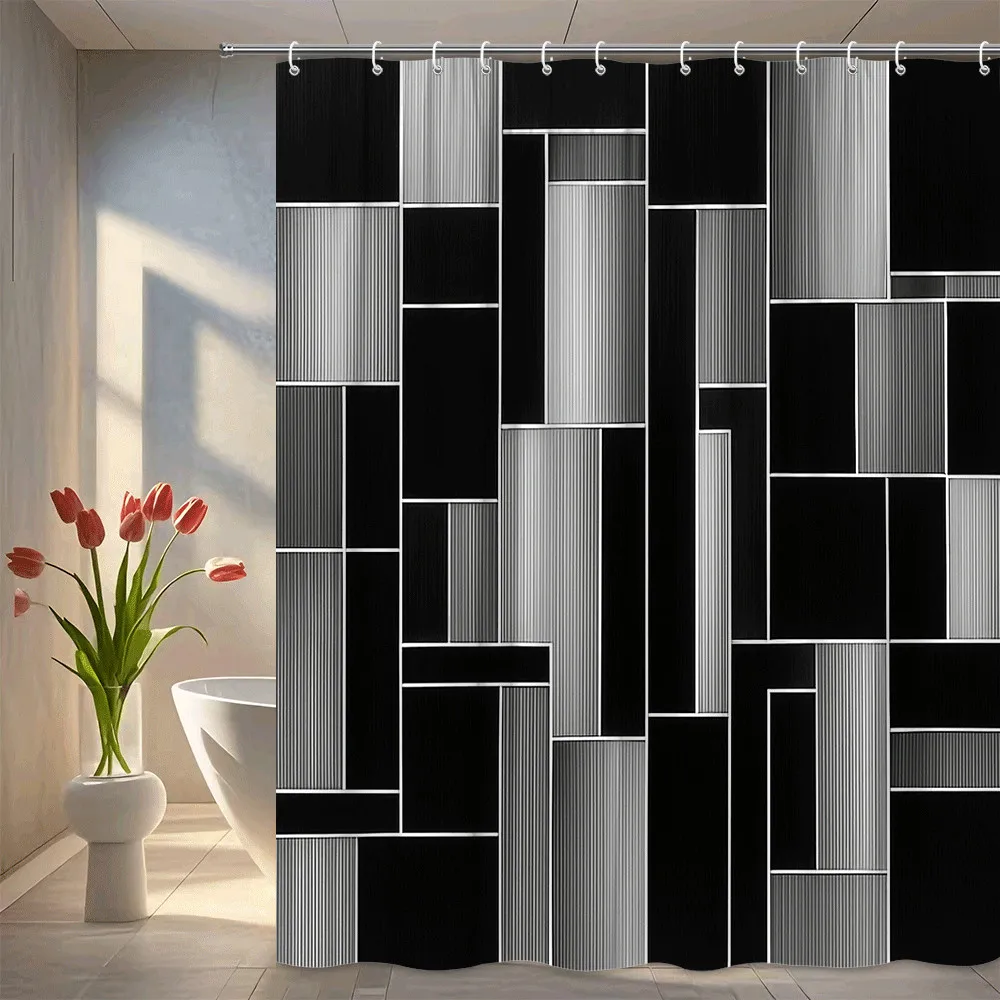 

Modern Black and White Geometric Shower Curtain Abstract Block Design Minimalist Architecture Style Waterproof Elevate Space