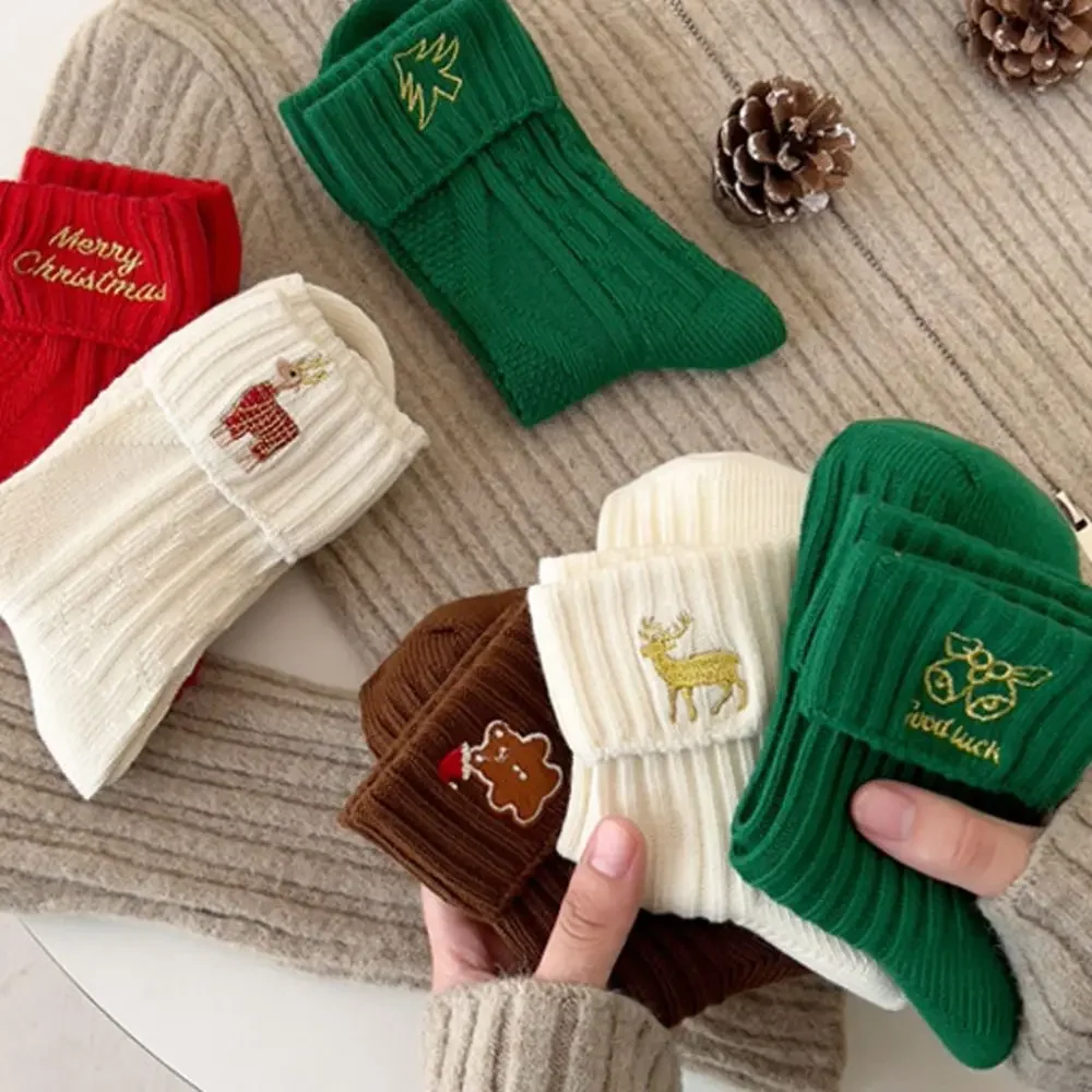 

Christmas Stockings Children's Autumn and Winter Cute Mid Tube Sock Big Red New Year Cotton Socks Cute Embroidery Cartoon Socks