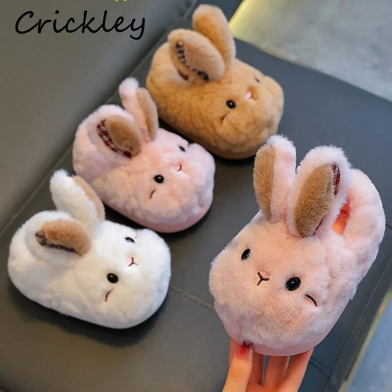 Rabbit Boys Girls Slippers Cute Cartoon 3D Plush Warm Family Slippers For Kids Home Soft Sole Slip On Children Winter Shoes