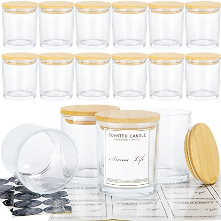 

10oz 16 Pack Thick Candle Jars with Bamboo Lids for Making Candles Bulk Empty Glass Candle Containers and Sticky Labels Warming